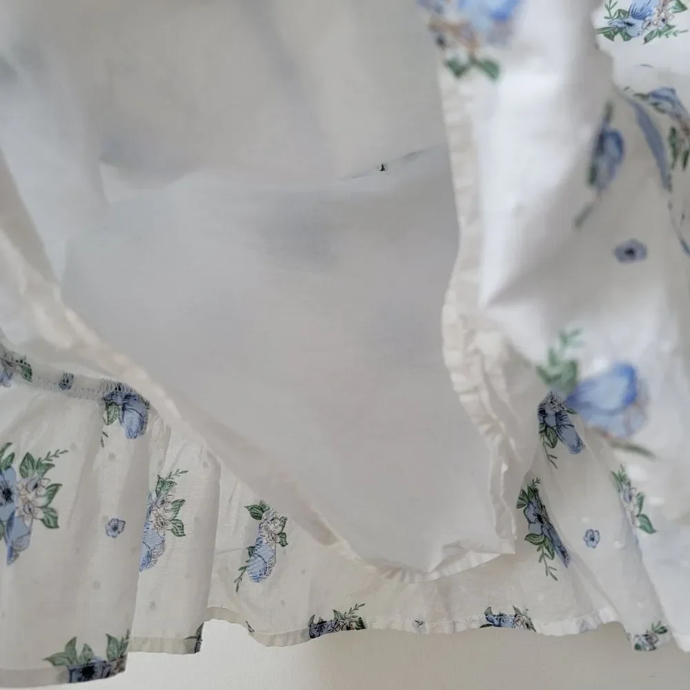 JANIE AND JACK Girls Peplum Top White Navy Floral Puff Sleeves Ruffles Size 7